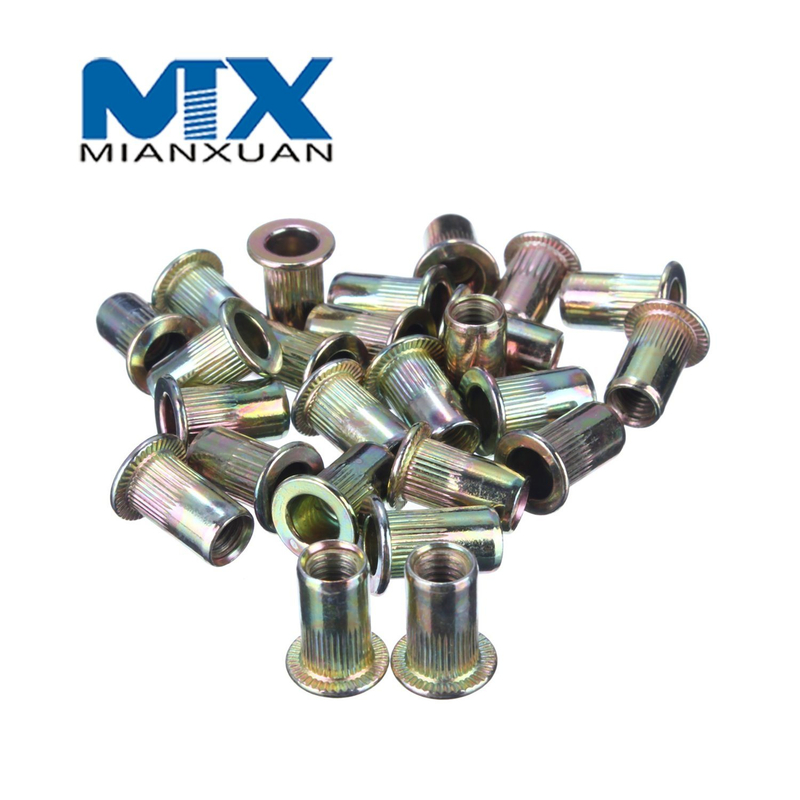 Алюминиевая заклепка-гайка с плоской головкой и вертикальной тягой с потайной головкой